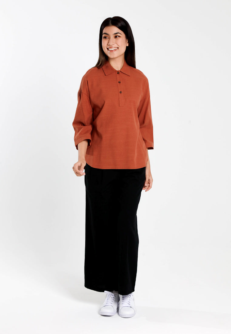 Forest Ladies Cotton Linen 3/4 Sleeve Collar Blouse Women Shirt | Baju Kemeja Perempuan Lengan Panjang - 822474
