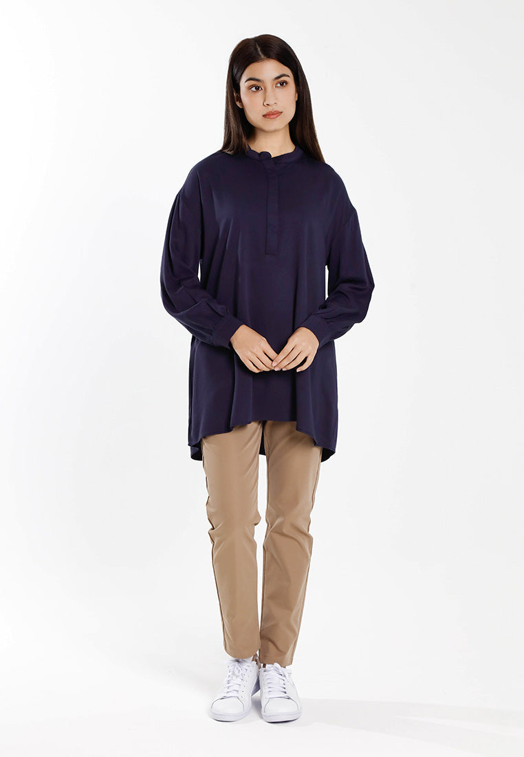 Forest Ladies Rayon Oversized Band Collar Plain Blouse Women Long Sleeve Tunic | Baju Perempuan - 822505