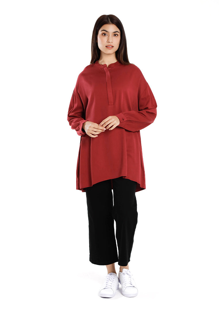 Forest Ladies Rayon Oversized Band Collar Plain Blouse Women Long Sleeve Tunic | Baju Perempuan - 822505