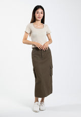 Forest Ladies Cotton Twill Elastic Waisted Cargo Skirt Women Midi Skirt - 880009