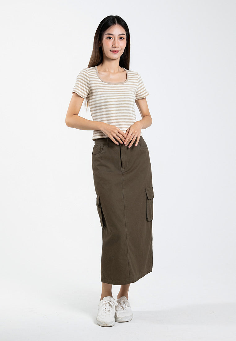 Forest Ladies Cotton Twill Elastic Waisted Cargo Skirt Women Midi Skirt - 880009