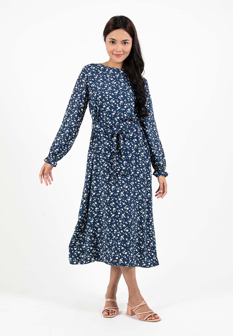 Forest Ladies Rayon Floral Pattern Long Sleeve Midi Dress Women Dress | Baju Lengan Panjang Perempuan - 885072