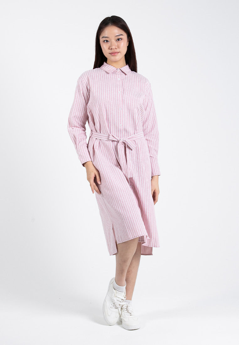 Forest Ladies Oversized Cotton Striped Shirt Dress Women Long Sleeve Shirt Dress Tunic| Baju Kemeja Perempuan - 885077