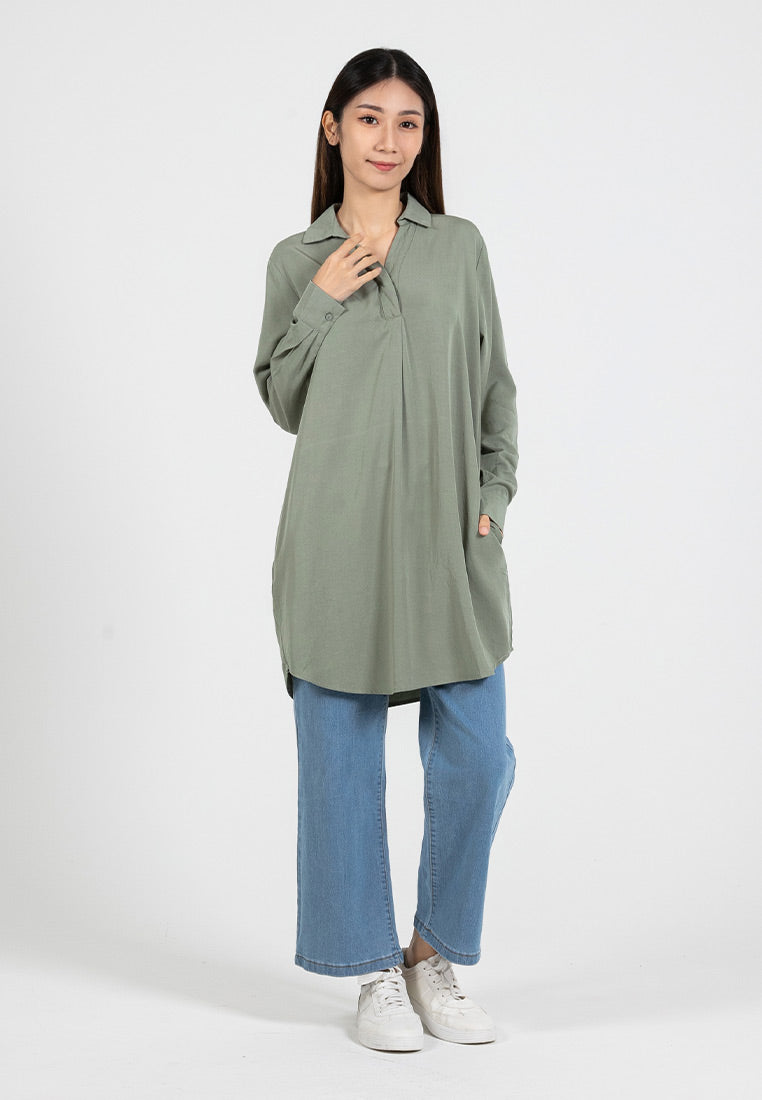 Forest Ladies Rayon Lyocell Shirt Dress Women Long Sleeve Tunic Dress | Baju Kemeja Lengan Panjang Perempuan - 885079