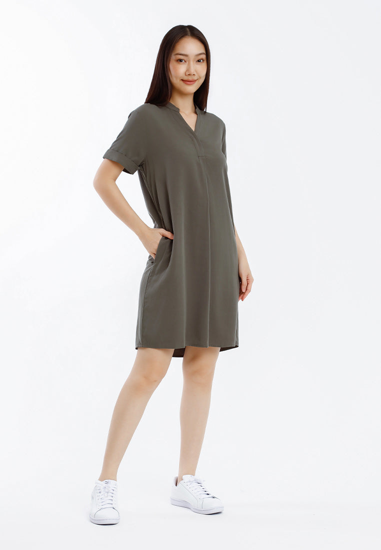 Forest Ladies Rayon Lyocell Collar Plain Shirt Dress Women Short Sleeve Dress - 885098