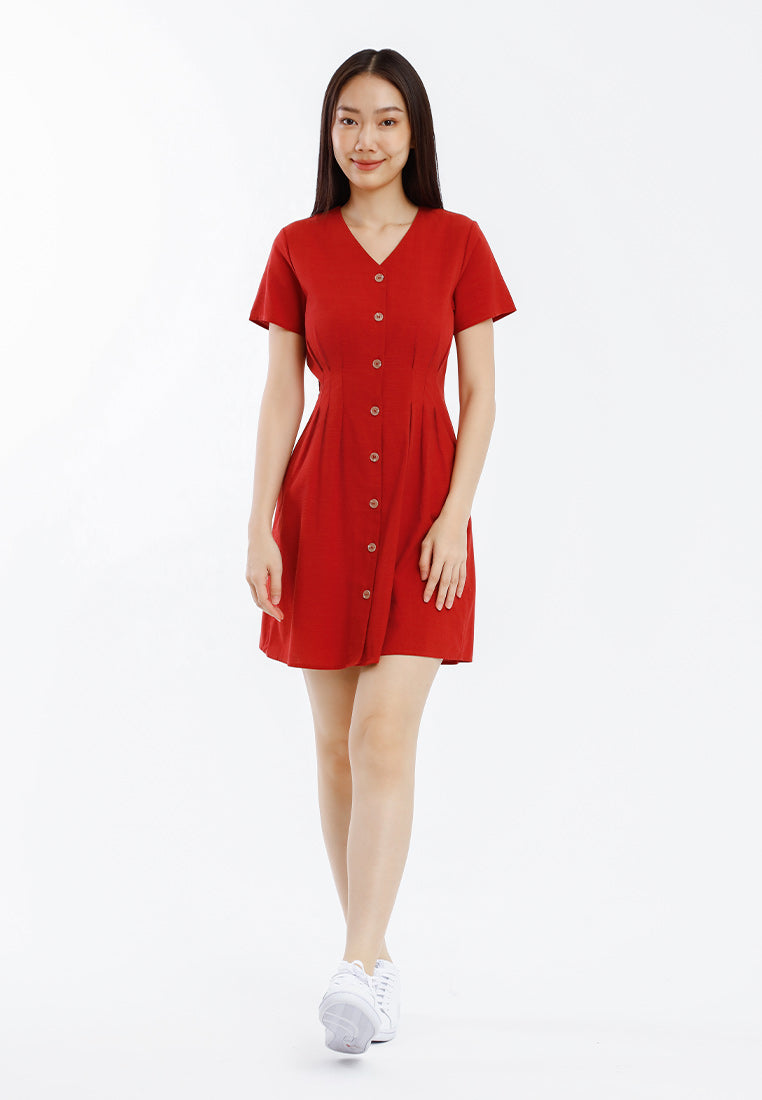 Forest Ladies Cotton Linen Dress Women Button Up V-Neck Dress - 885101