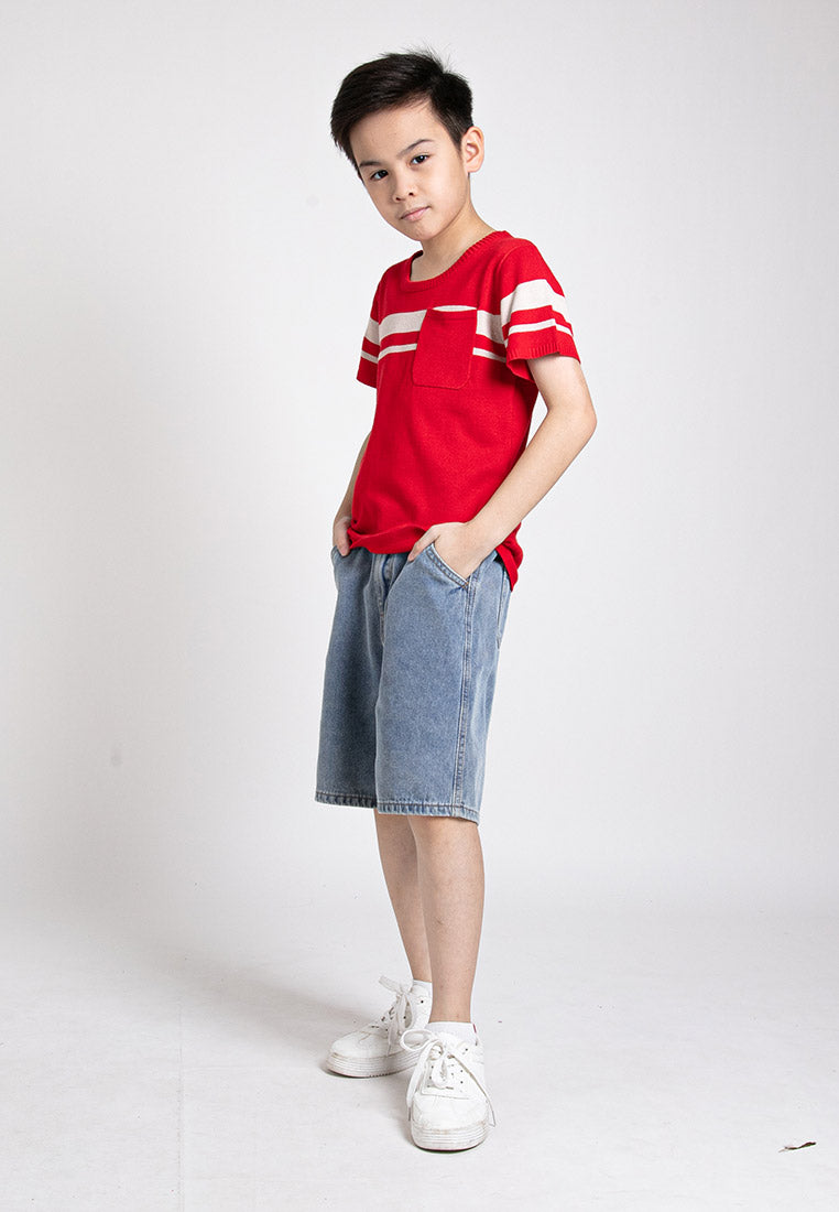 Forest Kids Boys Short Sleeve Striped Soft Knit Top with Pocket | Baju Budak Lelaki - FK20224