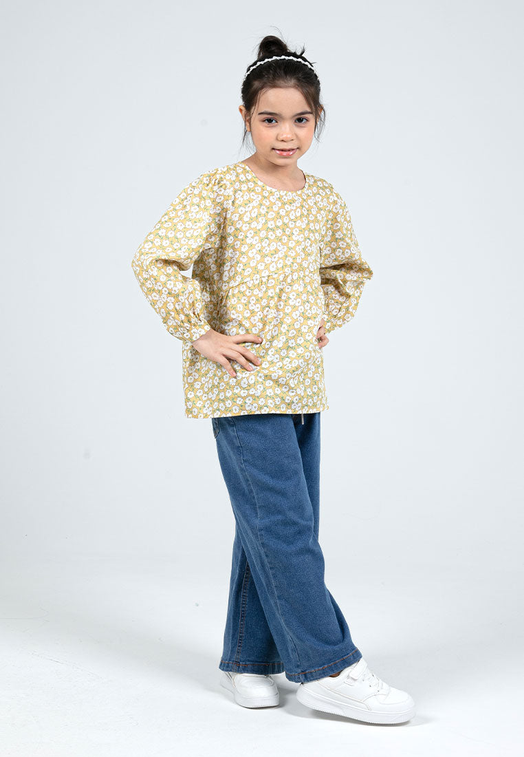 Forest Kids Girls Floral Pattern Cotton Blouse Woven Long Sleeve Top | Baju Budak Perempuan - FK820083