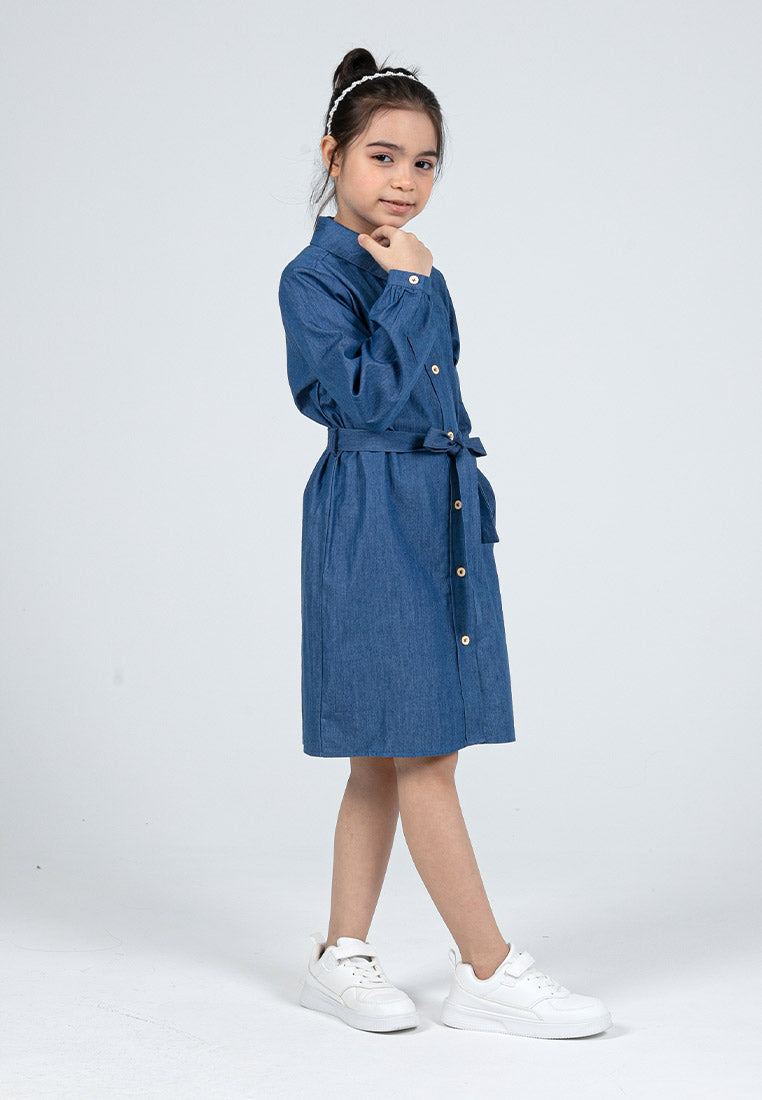 Forest Kids Girls Chambray Denim Shirt Dress Long Sleeve Dress | Baju Budak Perempuan - FK885073