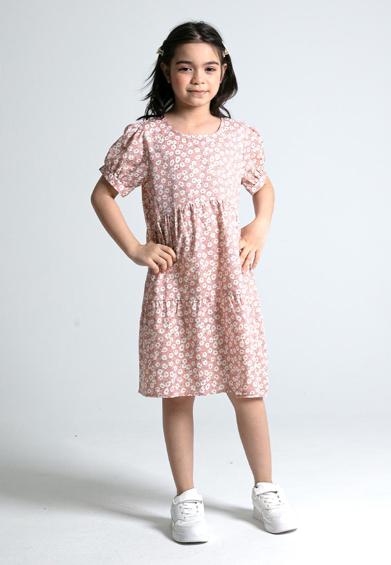 Forest Kids Girls Floral Pattern Cotton Short Sleeve Tiered Dress | Baju Budak Perempuan - FK885075