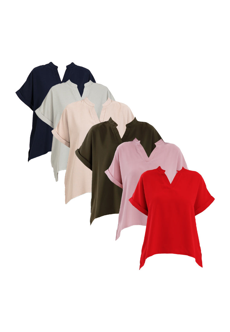 Forest Ladies Polyester Collar Plain Blouse Women Short Sleeve Blouse | Baju Perempuan - 822417