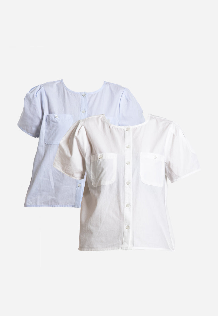 Forest Ladies Cotton Button Blouse Women Short Sleeve Pocket Blouse - 822458