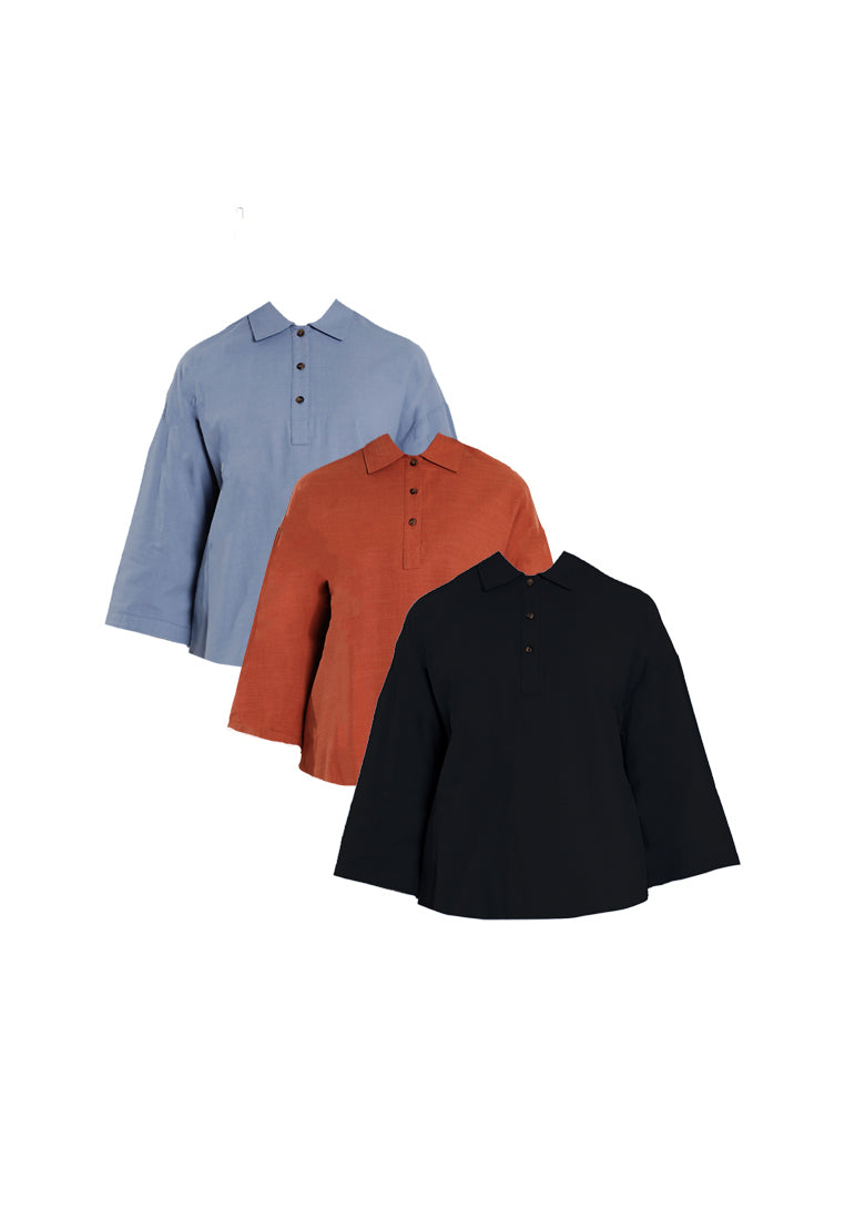 Forest Ladies Cotton Linen 3/4 Sleeve Collar Blouse Women Shirt | Baju Kemeja Perempuan Lengan Panjang - 822474