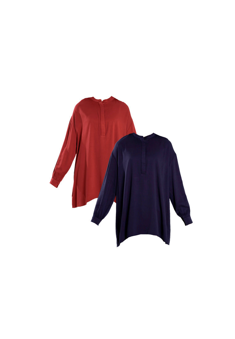 Forest Ladies Rayon Oversized Band Collar Plain Blouse Women Long Sleeve Tunic | Baju Perempuan - 822505