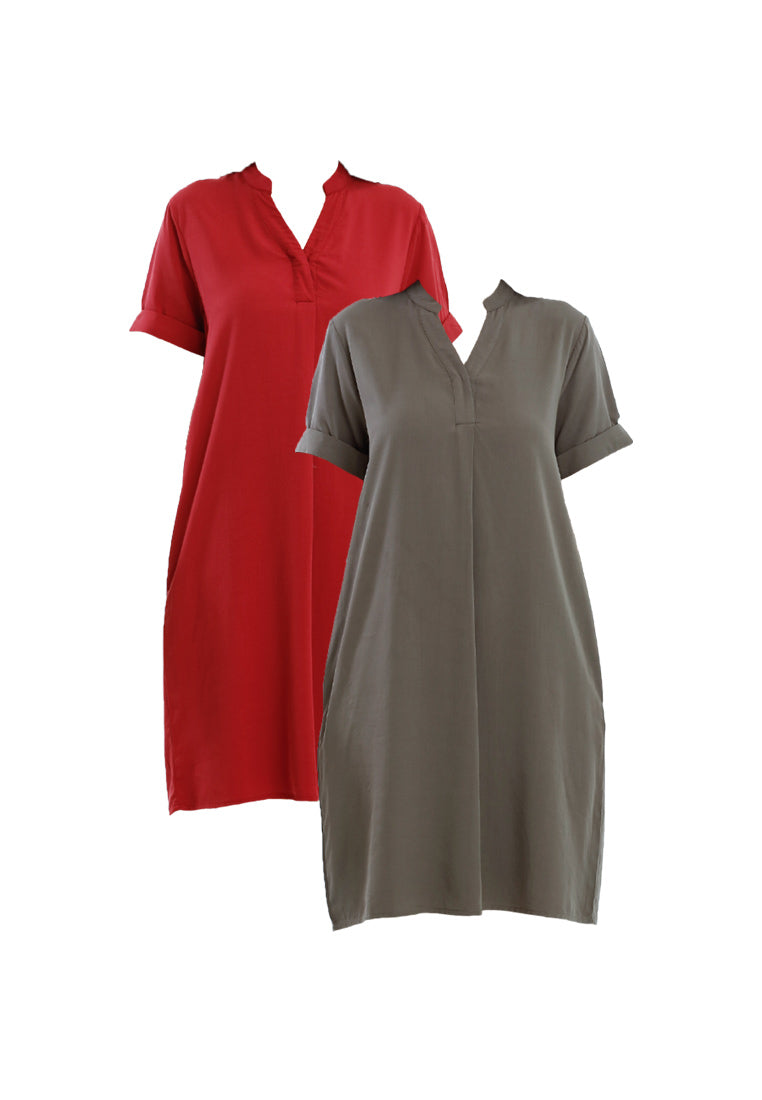 Forest Ladies Rayon Lyocell Collar Plain Shirt Dress Women Short Sleeve Dress - 885098