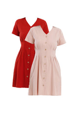 Forest Ladies Cotton Linen Dress Women Button Up V-Neck Dress - 885101