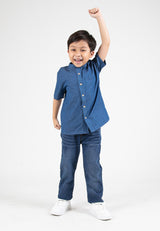 Forest Kids Boys Chambray Denim Mandarin Collar Short Sleeve Shirt | Baju Budak Lelaki Lengan Pendek - FK20260