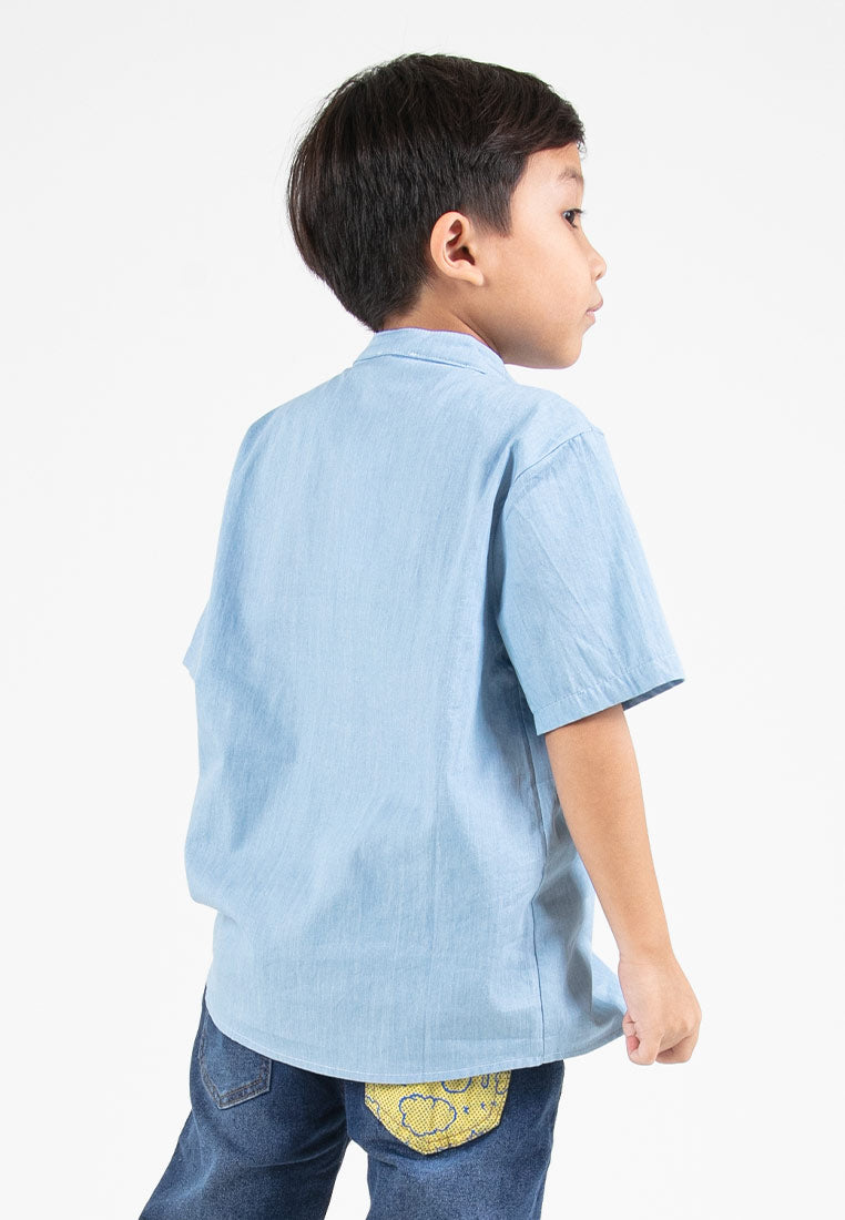 Forest Kids Boys Chambray Denim Mandarin Collar Short Sleeve Shirt | Baju Budak Lelaki Lengan Pendek - FK20260