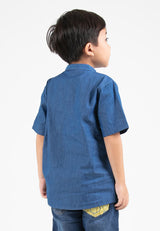 Forest Kids Boys Chambray Denim Mandarin Collar Short Sleeve Shirt | Baju Budak Lelaki Lengan Pendek - FK20260
