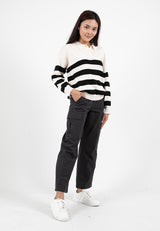 Forest Ladies Casual Striped Polo Long Sleeve Sweater Knit Top | Baju Lengan Panjang Perempuan - 822395