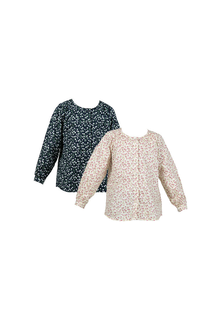 Forest Kids Girls Floral Pattern Cotton Button Blouse Woven Long Sleeve Top | Baju Budak Perempuan - FK820084