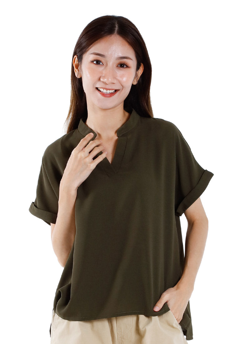 Forest Ladies Polyester Collar Plain Blouse Women Short Sleeve Blouse | Baju Perempuan - 822417