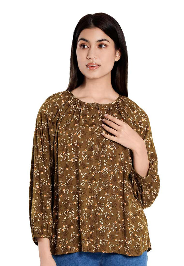 Forest Ladies Floral Pattern Button Rayon Blouse Women Long Sleeve Blouse | Baju Perempuan - 822488