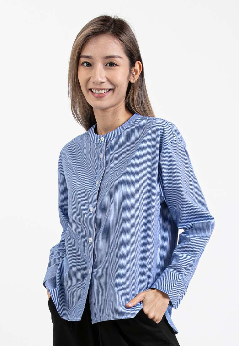 Forest Ladies Cotton Band Collar Striped Long Sleeve Shirt | Baju Kemeja Perempuan Lengan Panjang - 822360