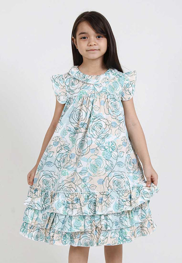 Forest Kids Girl Woven Floral Pattern Short Sleeve Dress I Baju Budak Perempuan Girl Dress - FK885023