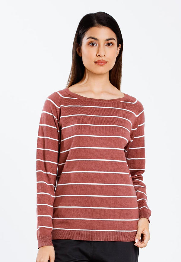 Forest Ladies Casual Striped Knit Top Women Long Sleeve Knitted Sweater | Baju Perempuan Lengan Panjang - 822445