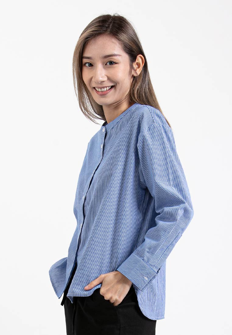 Forest Ladies Cotton Band Collar Striped Long Sleeve Shirt | Baju Kemeja Perempuan Lengan Panjang - 822360