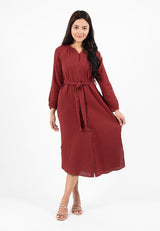 Forest Ladies Cotton Gauze Long Sleeve Belted Midi Dress | Baju Lengan Panjang Perempuan - 885073