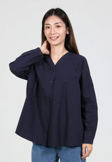 Forest Ladies Oversized Cotton Poplin V-Neck Blouse Women Long Sleeve Plain Blouse | Baju Perempuan -  822392