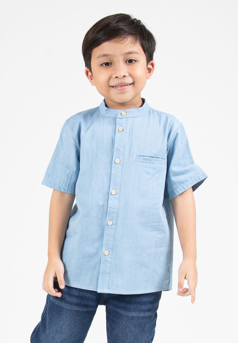 Forest Kids Boys Chambray Denim Mandarin Collar Short Sleeve Shirt | Baju Budak Lelaki Lengan Pendek - FK20260