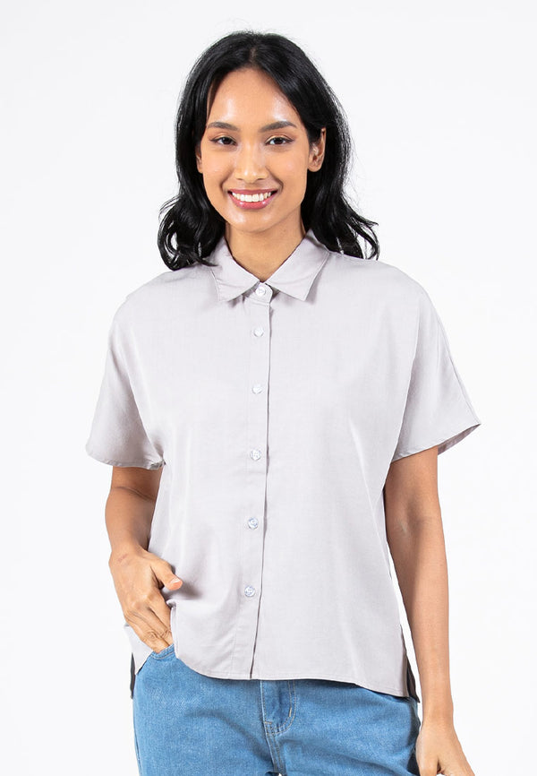 Forest Ladies Premium Lyocell Short Sleeve Loose Fit Plain Blouse | Baju Kemeja Lengan Pendek Perempuan - 822361