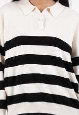 Forest Ladies Casual Striped Polo Long Sleeve Sweater Knit Top | Baju Lengan Panjang Perempuan - 822395