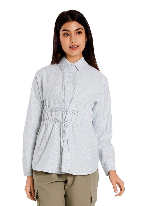 Forest Ladies Poly Cotton Striped Ribbon Shirt Women Long Sleeve Shirt | Baju Kemeja Perempuan - 822509