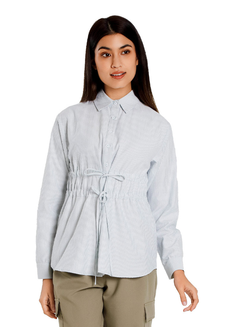 Forest Ladies Poly Cotton Striped Ribbon Shirt Women Long Sleeve Shirt | Baju Kemeja Perempuan - 822509