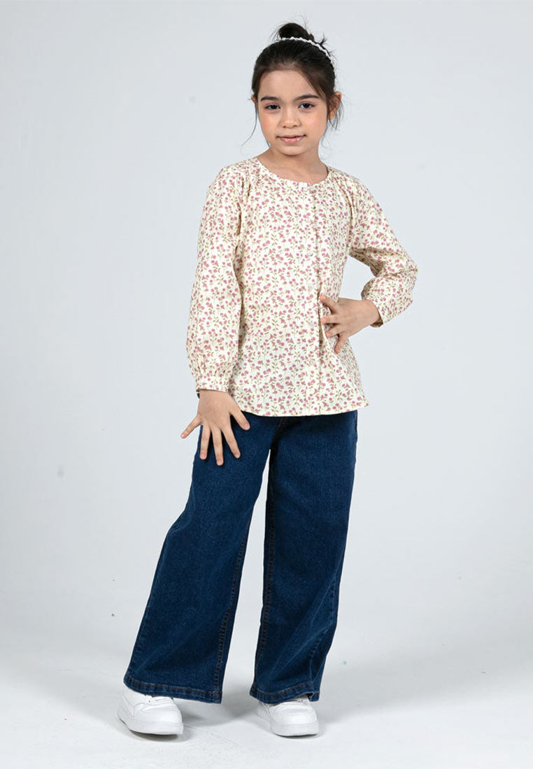 Forest Kids Girls Floral Pattern Cotton Button Blouse Woven Long Sleeve Top | Baju Budak Perempuan - FK820084