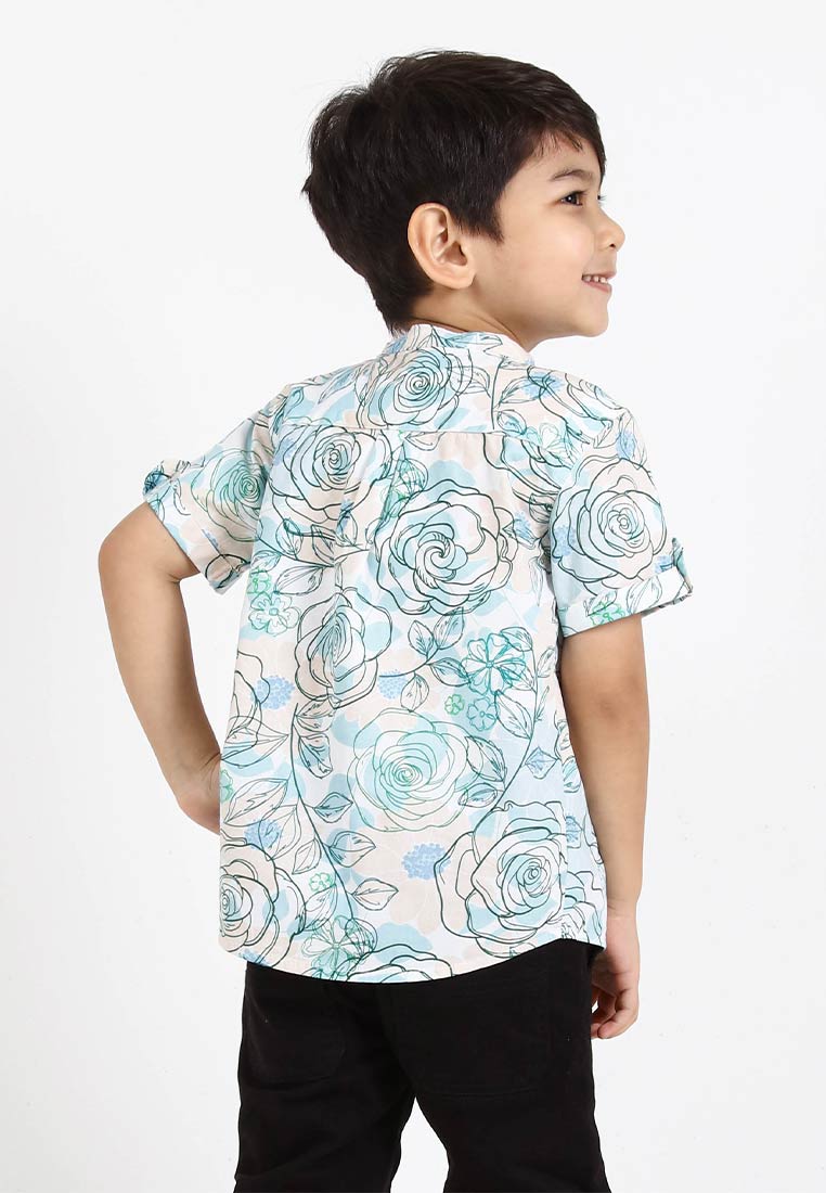 Forest Kids Woven Boy Stand Collar Floral Pattern Short Sleeve Shirt Kids l Baju Budak Lelaki - FK20139