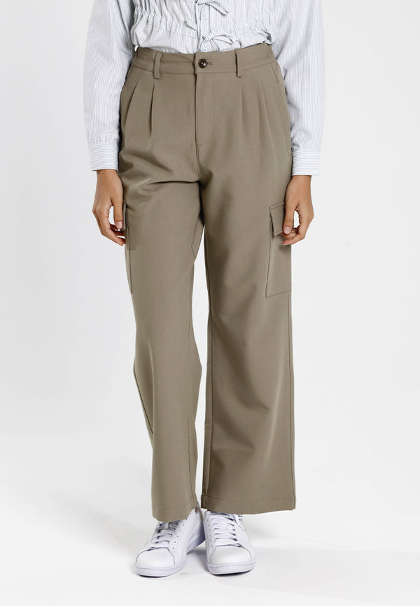 Forest Seluar Panjang Perempuan | Forest Ladies Pleated Cargo Long Pants Women Wide Leg Pants - 810550
