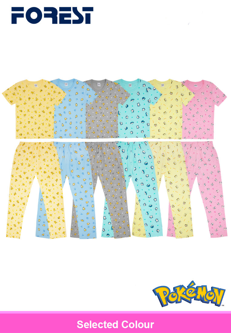 (1 Set) Pokémon Ladies 100% Cotton Short Sleeve Long Bottom Pyjamas - PPD1003