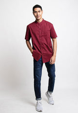 Forest Cotton Woven Short Sleeve Mandarin Collar Plain Men Shirt | Baju Kemeja Lelaki - 23687