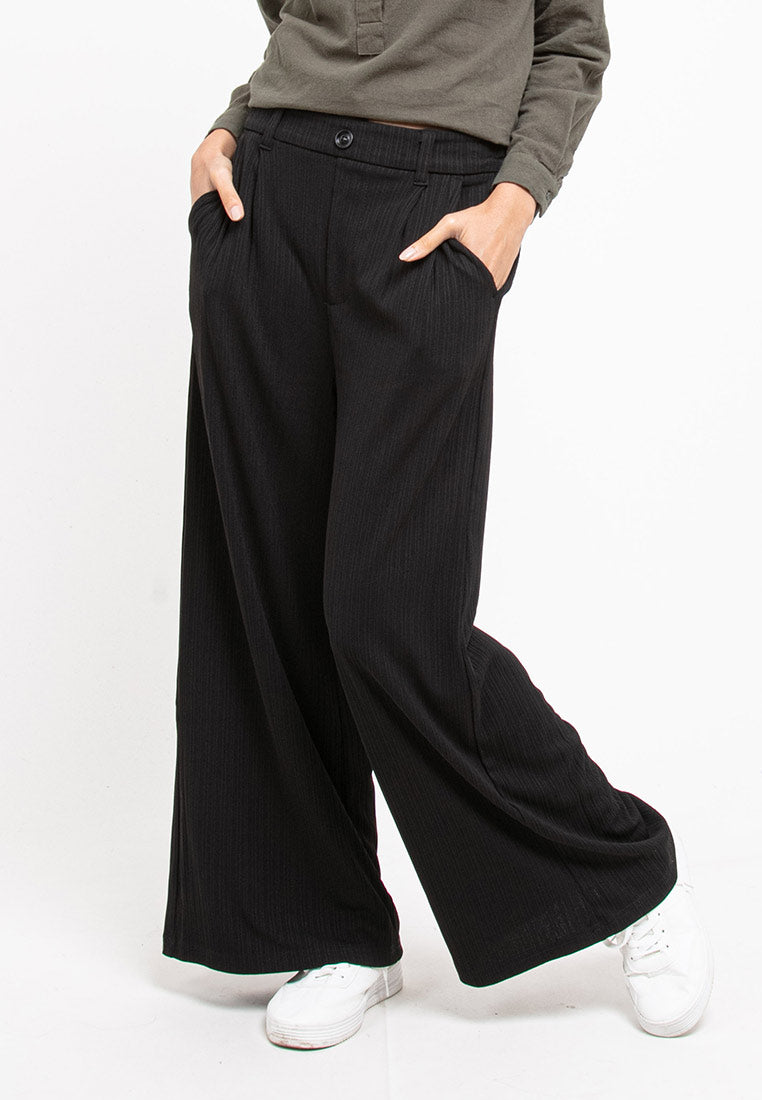 Forest Ladies Elastic Waist Wide Leg Textured Women Pants | Seluar Perempuan Palazzo - 810520