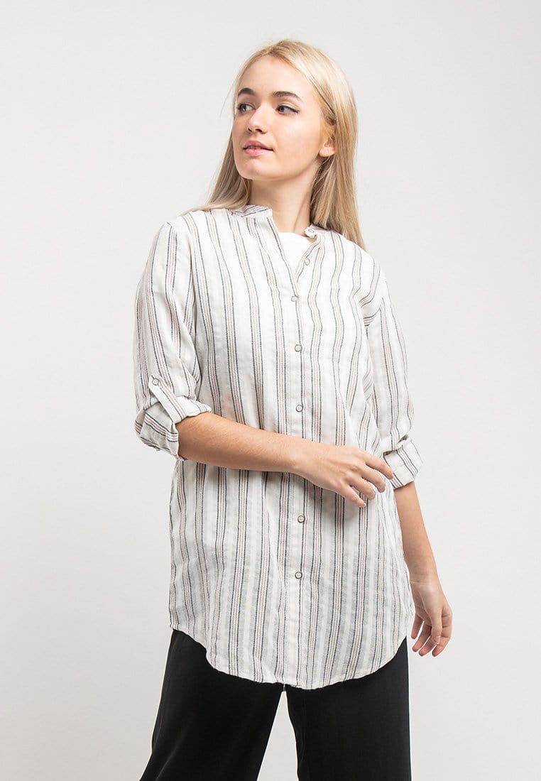 Ladies Woven Long sleeve Mandarin Collar Long Length Shirt - 822018