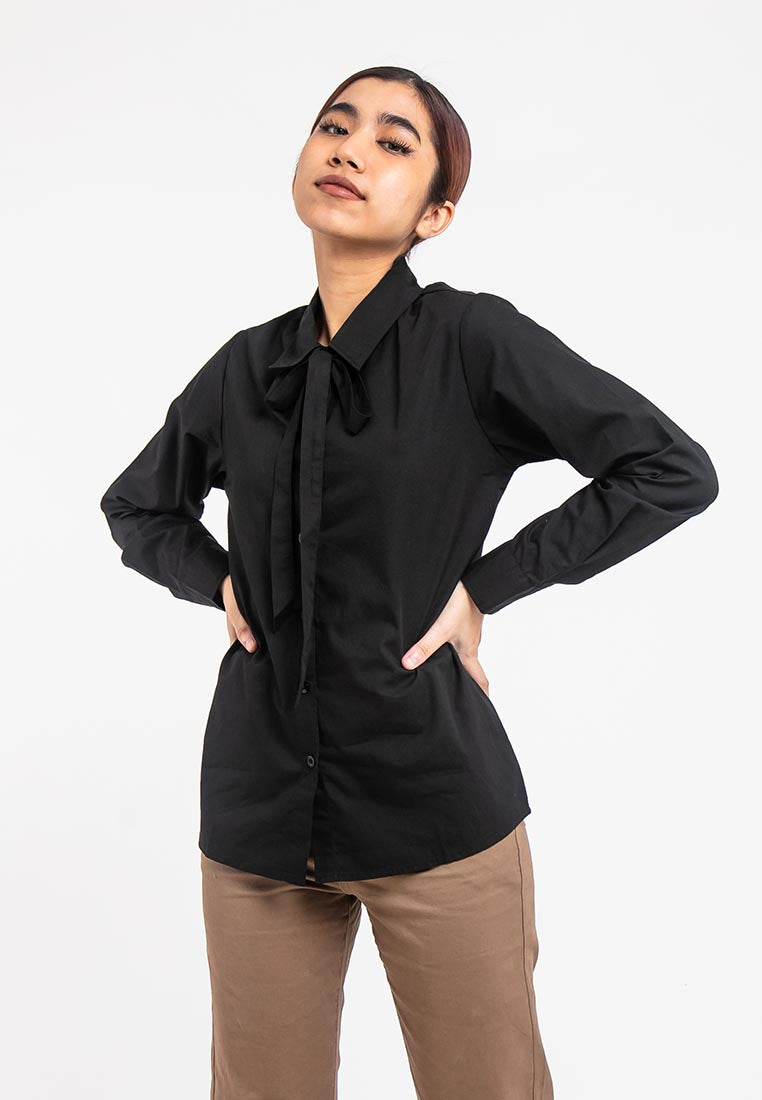 Ladies Woven Long sleeve Ribbon Collar Shirt - 822089