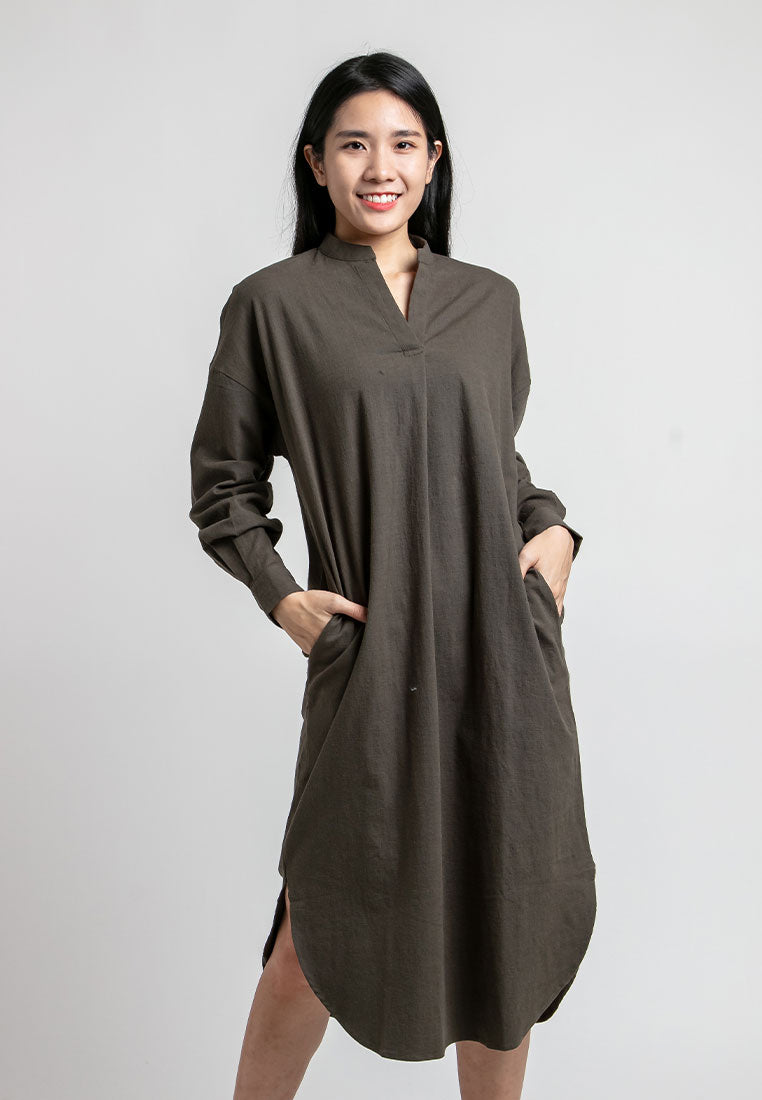 Forest Ladies Woven Cotton Blend Long Sleeve Mandarin Collar Dress Shirt Blouse Women | Baju Kemeja Perempuan - 822177