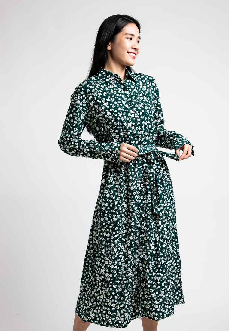 Forest Ladies Woven Long Sleeve Collar Floral Pattern Dress Women | Baju Perempuan - 822189