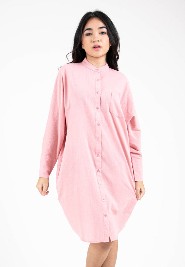 Forest Ladies Woven Long Sleeve Mandarin Collar Loose Fit Dress Shirt Women | Baju Kemeja Perempuan - 822256