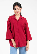 Forest Ladies Woven 3/4 Sleeve Lapel Button Up Textured Shirt | Baju Perempuan - 822320